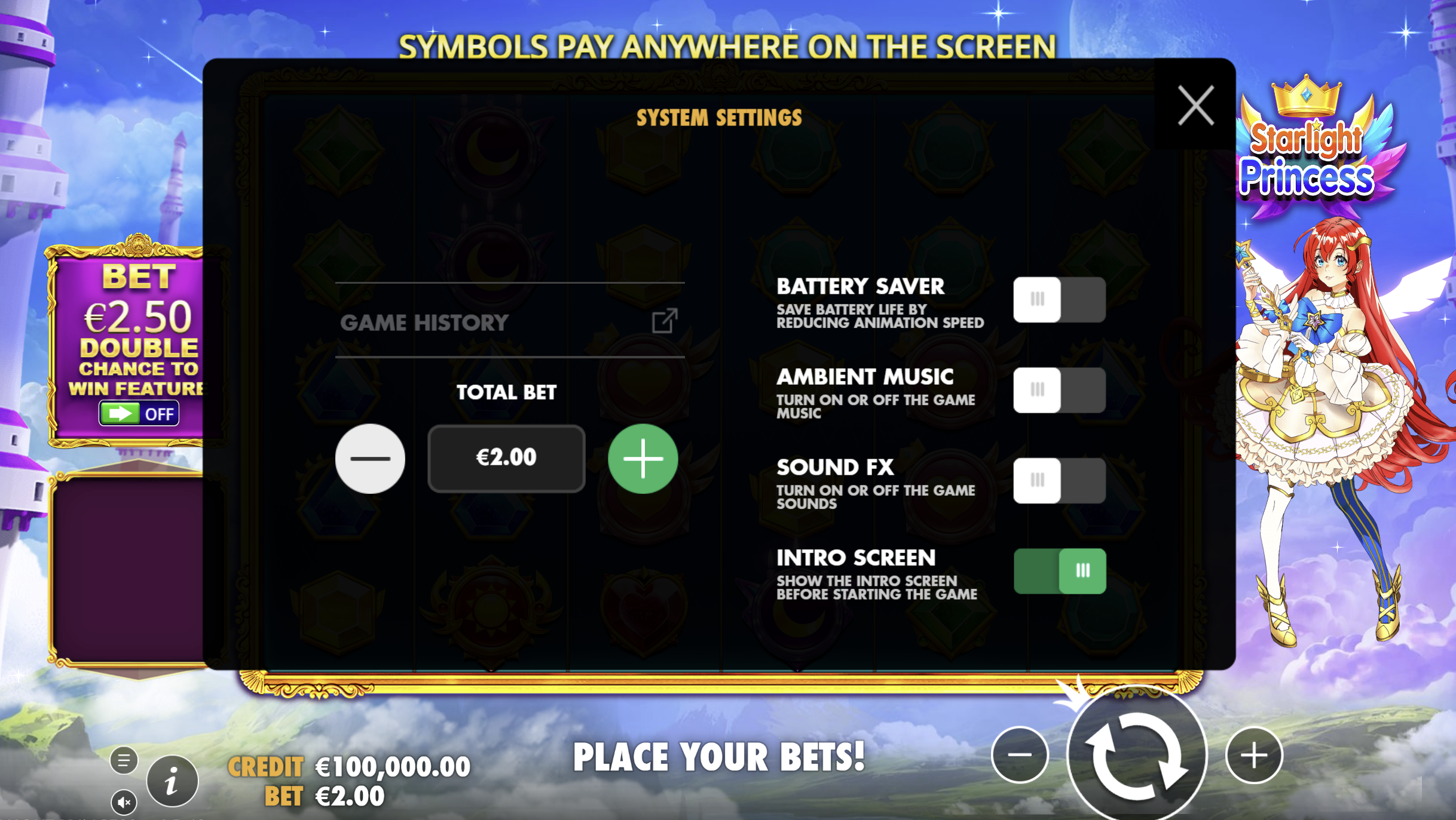 Ustawienia slotu Starlight Princess