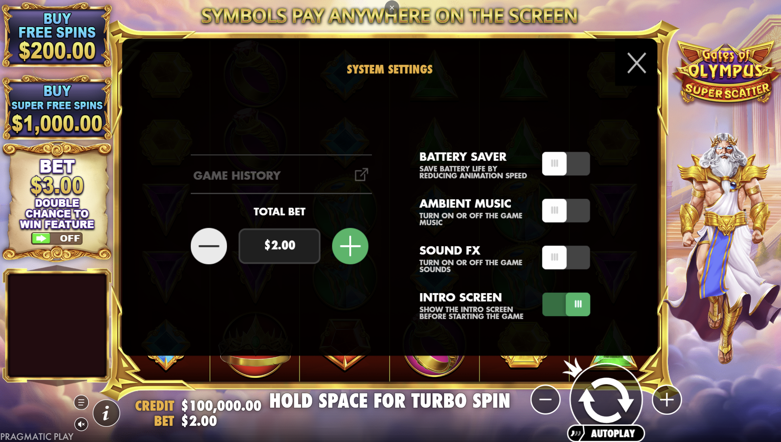 Ustawienia systemowe Gates of Olympus